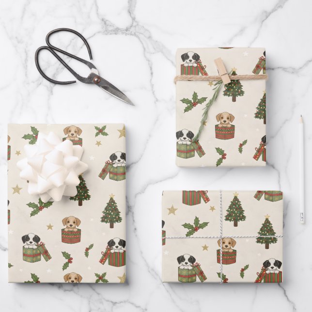 Tan and Black & White Puppies Christmas Pattern Geschenkpapier Set (Vorderseite)