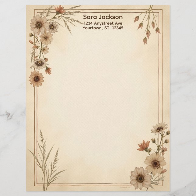 Tan and Brown Flowers and Grass Stationery Paper Briefbogen (Vorderseite)