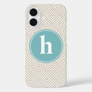 Tan & Aqua Griechisches Schlüsselmuster Monogramm iPhone 16 Hülle