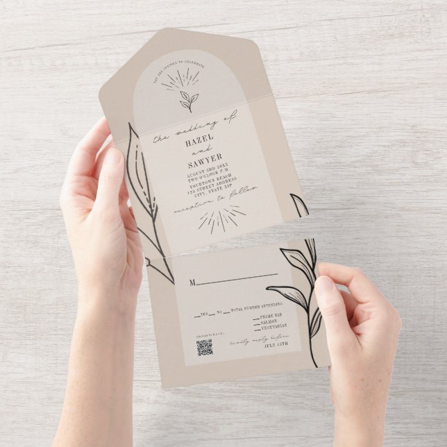 Tan Arch Wedding RSVP QR alle in einer Einladung (Abreißen)