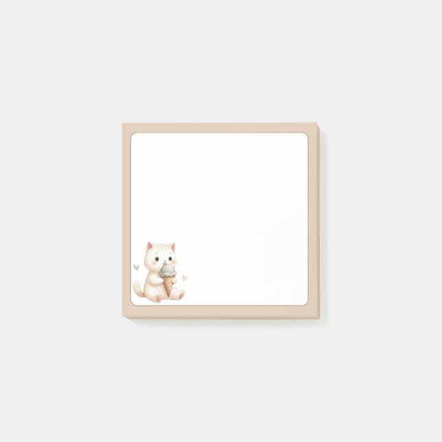 Tan Background Niedliche Katze mit Eiscremekone Post-it Klebezettel (Vorderseite)