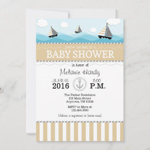 Tan Beige Bleu Baby shower nautique Invitation