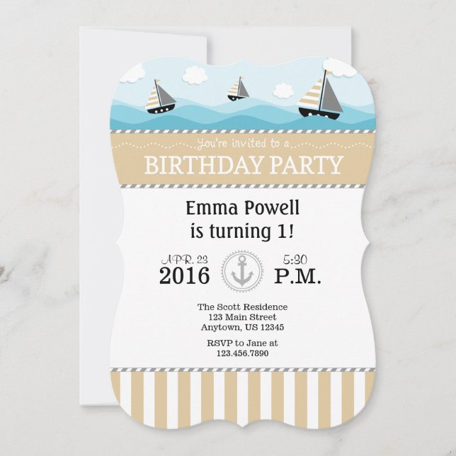 Tan Beige Bleu Nautique Anniversaire Invitation (Devant)