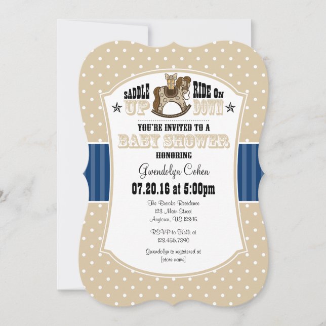 Tan Beige Blue Cowboy Baby Shower Einladung (Vorderseite)