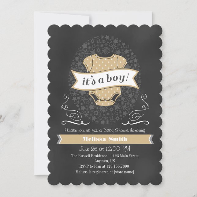 Tan Beige Chalkboard Boy Baby Showeinladung Einladung (Vorderseite)
