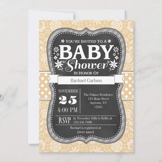 Tan Beige Cream Chalkboard Floral Baby Dusche Einladung (Vorderseite)