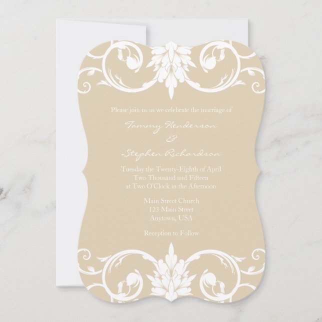 Tan Beige Floral Frotles Faire-part de mariage en  (Devant)