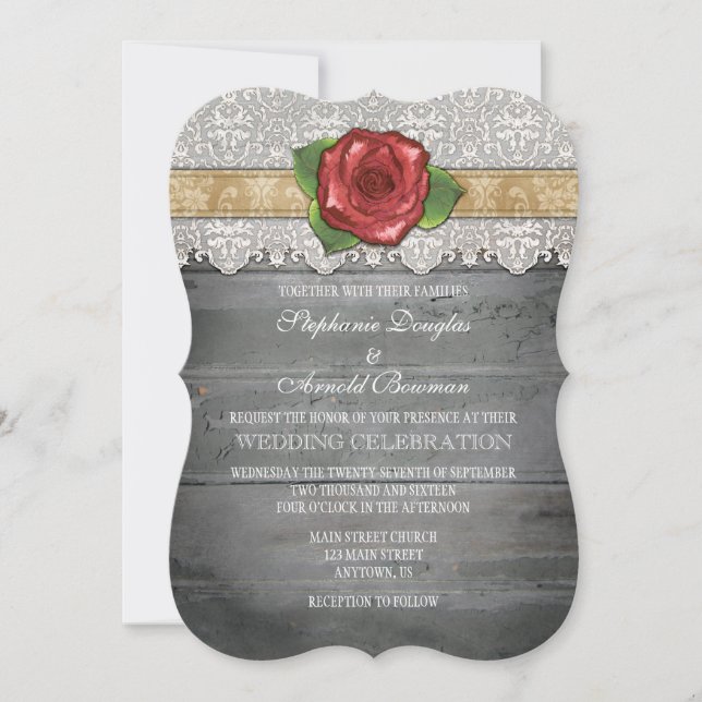 Tan Beige Gray Rustic Wood Rose Wedite Einladung (Vorderseite)