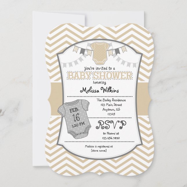 Tan Beige Grey Chevron Baby shower Invitation (Devant)