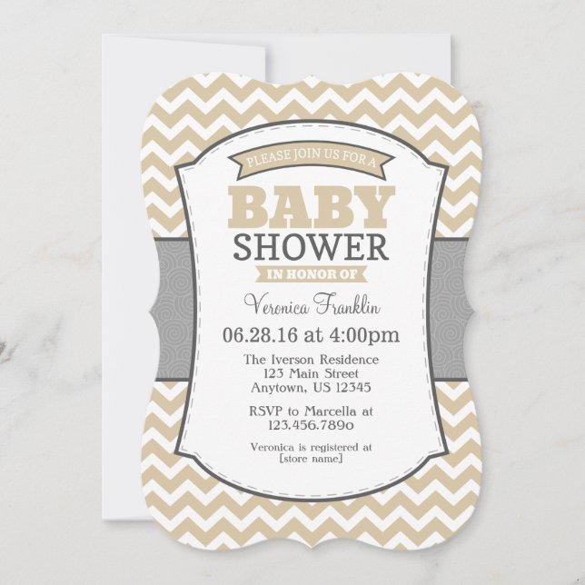 Tan Beige Grey Chevron Baby shower Invitation (Devant)