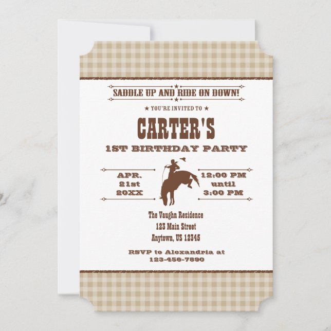 Tan Beige Kariert Cowboy Rodeo Einladung zum Gebur (Vorderseite)