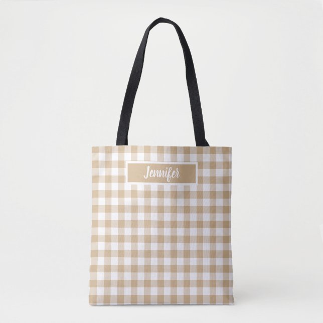 Tan Beige Plaid Gingham Personalized Tasche (Vorderseite)