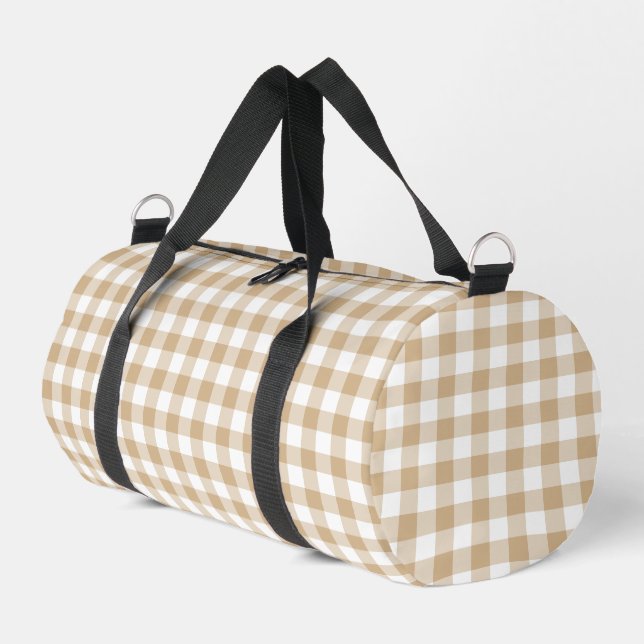 Tan Beige White Gingham Plaid Duffle Bag (Linke Seite)