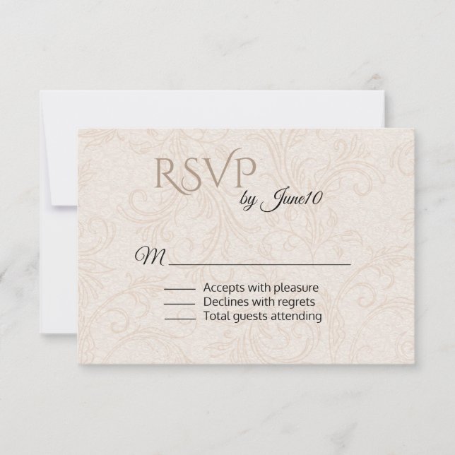 Tan Blüh Damask Wedding RSVP Karte (Vorderseite)