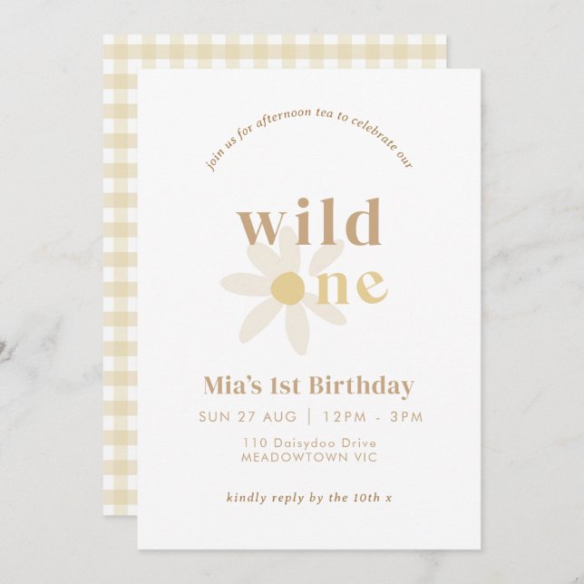 Tan Boho Daisy Floral First Birthday Invitation (Devant / Derrière)