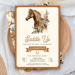 Tan Boho Floral Horse Cowgirl Birthday Party Einladung