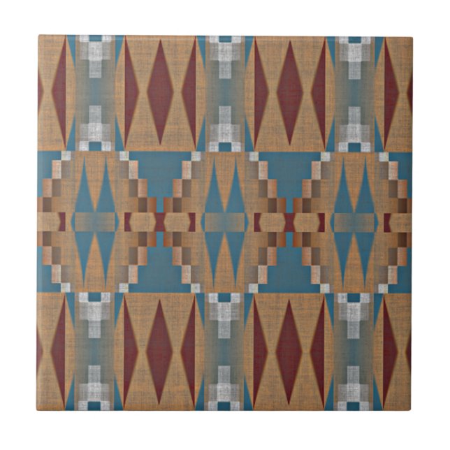 Tan Brown Aquamarin Blue Dark Red Ethnic Stamm Art Fliese (Vorderseite)