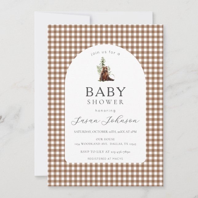 Tan Brown Karo Kariert Gingham Boy Bear Baby Showe Einladung (Vorderseite)