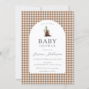 Tan Brown Karo Kariert Gingham Boy Bear Baby Showe Einladung
