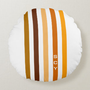 Tan Brown Orange Vertikal Stripes Monogramm Rundes Kissen