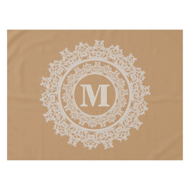 TAN Brown und elegantes Sahnemonogramm Tischdecke (Vorderseite (Horizontal))