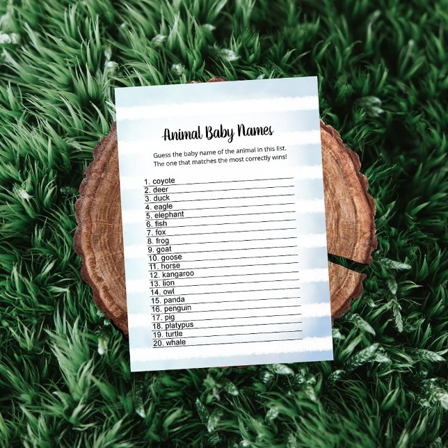 Tan Bunny Blue Animal Baby Names Game Card Einladung (Von Creator hochgeladen)