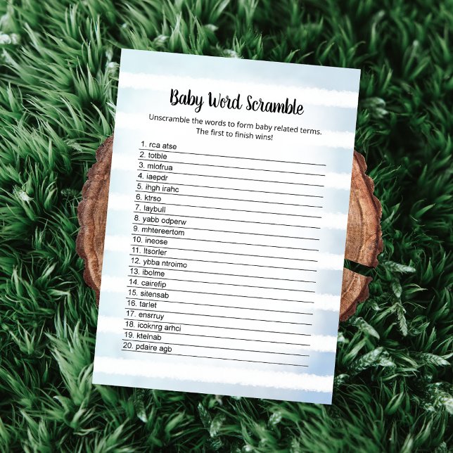 Tan Bunny Blue Baby Word Scramble Game Card Einladung (Von Creator hochgeladen)