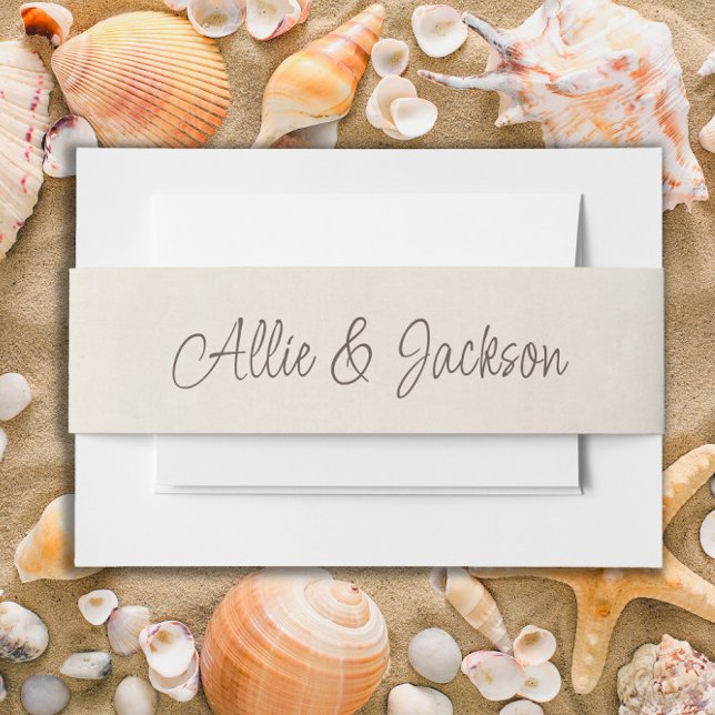 Tan Cream Bride Groom Names Wedding Einladungsbanderole (Cream-colored casual script beach/sea shell wedding stationery belly band)
