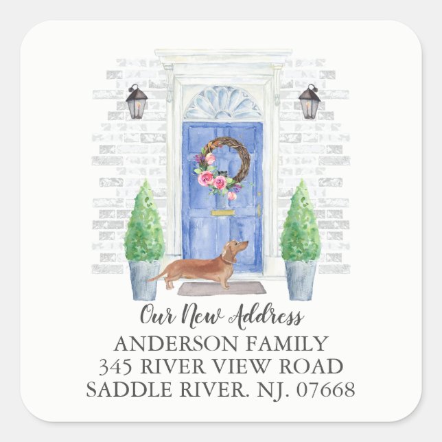Tan Dackel Blue Door New Address Label Quadratischer Aufkleber (Vorderseite)