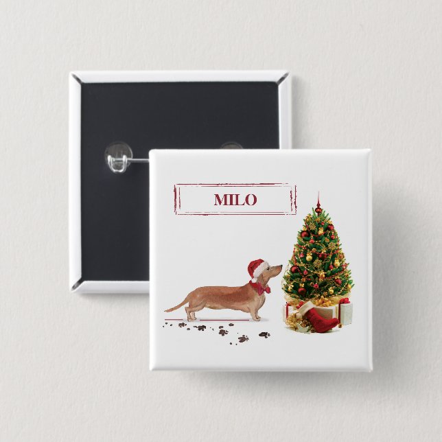 Tan Dackel Funny Christmas Dog mit Baum Button (Vorne & Hinten)