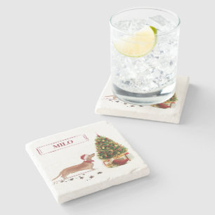 Tan Dackel Funny Christmas Dog mit Baum Steinuntersetzer