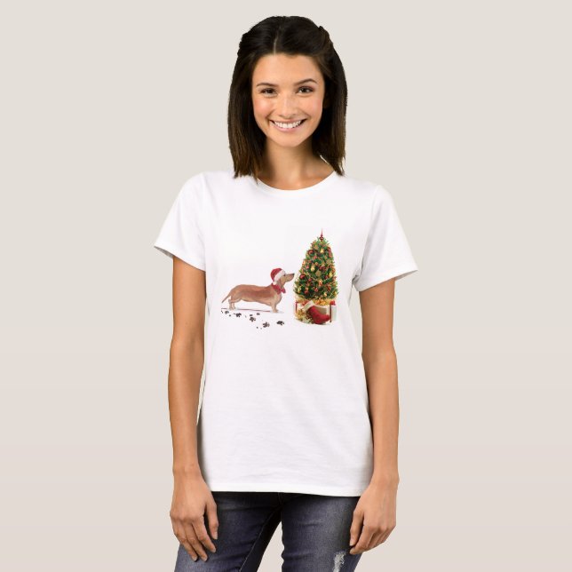Tan Dackel Funny Christmas Dog mit Baum T-Shirt (Vorne ganz)