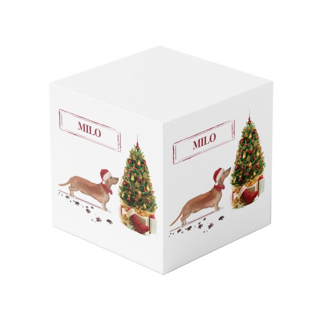 Tan Dackel Funny Christmas Dog mit Baum Würfel (Rückseite Schrägansicht)