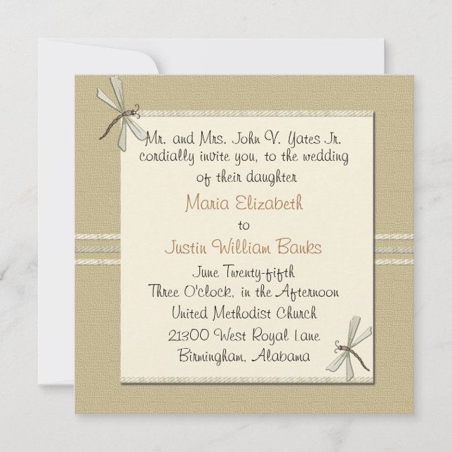 Tan Dragonfly Square Einladung zur Hochzeit (Vorderseite)