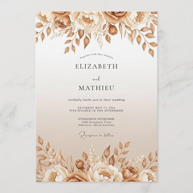 Tan Floral Enchantment Wedding Einladung (Vorderseite)
