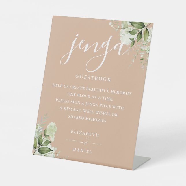 Tan Floral Greenery Jenga Wedding Guestbook Sockelschild (Vorderseite)