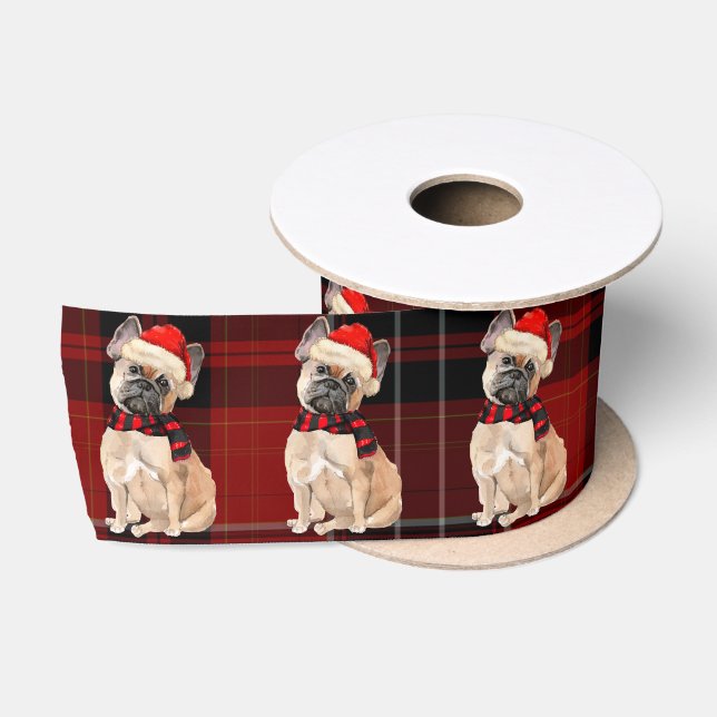 Tan Frenchie Dog und Red Karierte Weihnachten Satinband (Spule)