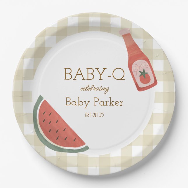 Tan Gingham Baby-Q Circular Plate Pappteller (Vorderseite)