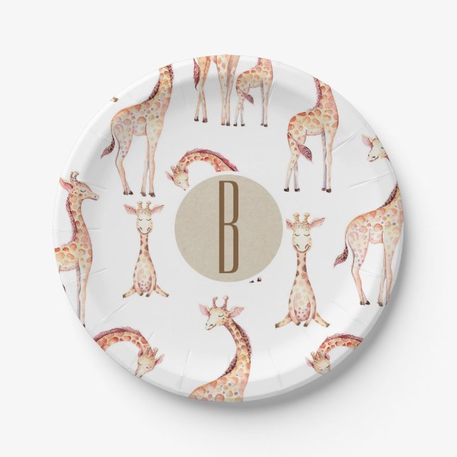 Tan Giraffes Baby Shower Monogram Letter Initial Pappteller (Vorderseite)