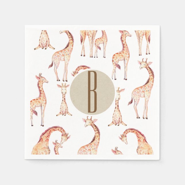 Tan Giraffes Baby Shower Monogram Letter Initial Serviette (Vorderseite)