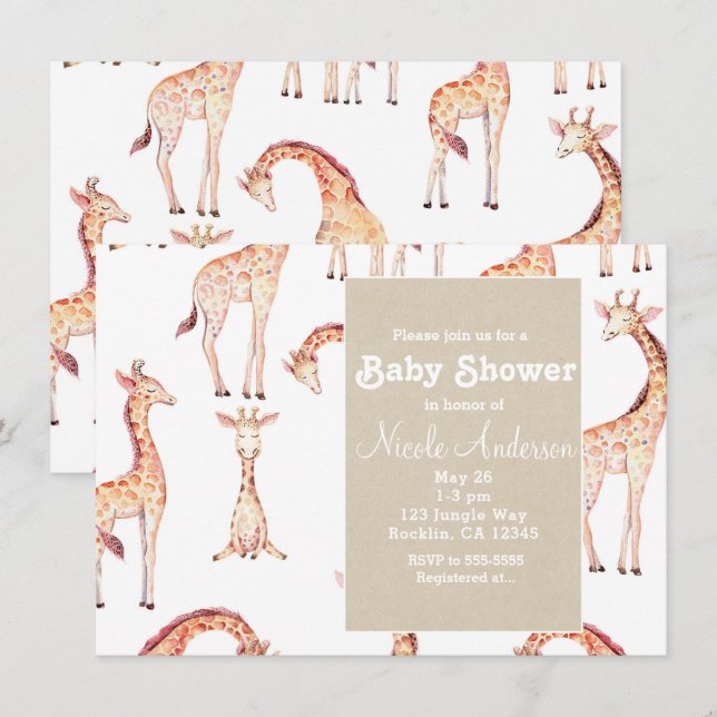Tan Giraffes & Kraft Safari Whimsical Baby Shower Einladung (Vorne/Hinten)