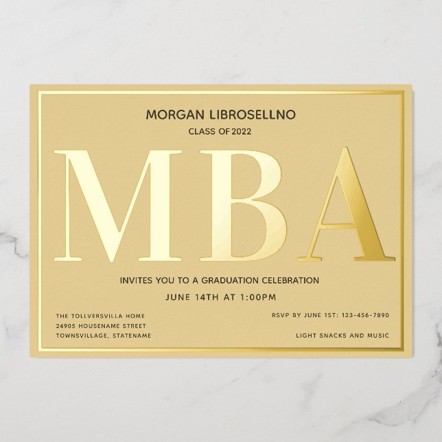 Tan Gold MBA Abschluss Folieneinladung (Vorderseite)