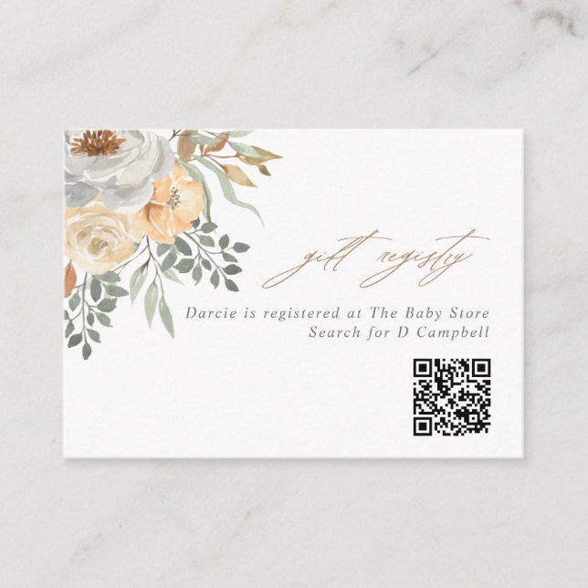 Tan & Gray Floral QR Code Geschenkregister Begleitkarte (Vorderseite)