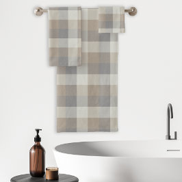 Tan Gray Ivory Neutral Rustikal Kariert Badhandtuch Set