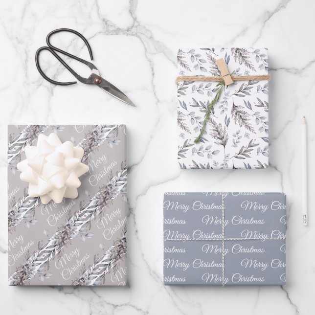 Tan, Gray und Blue Winter Foliage Frohe Weihnachte Geschenkpapier Set (Vorderseite)