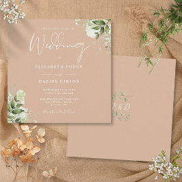 Tan Greenery Floral Monogram Square Wedding Einladung