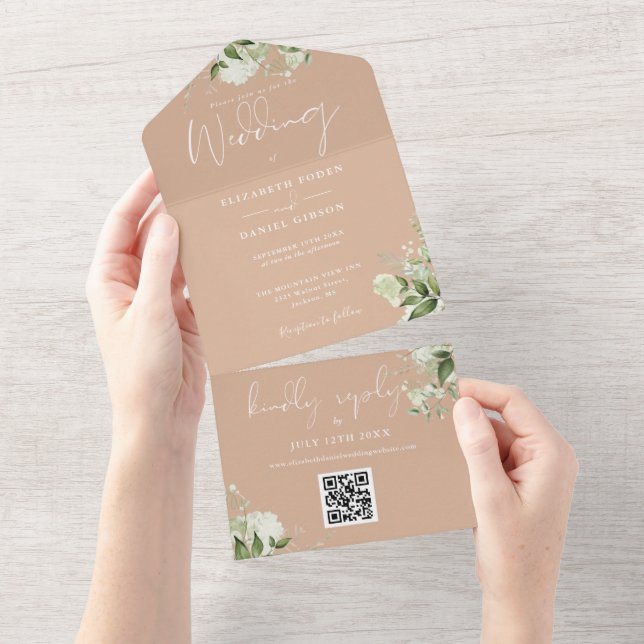 Tan Greenery Floral QR Code Monogram Wedding All In One Einladung (Abreißen)