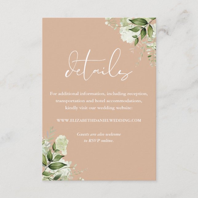 Tan Greenery Floral Wedding Details Begleitkarte (Vorderseite)