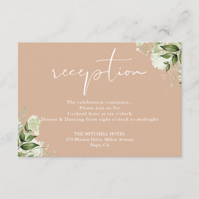 Tan Greenery Floral Wedding Reception Begleitkarte (Vorderseite)
