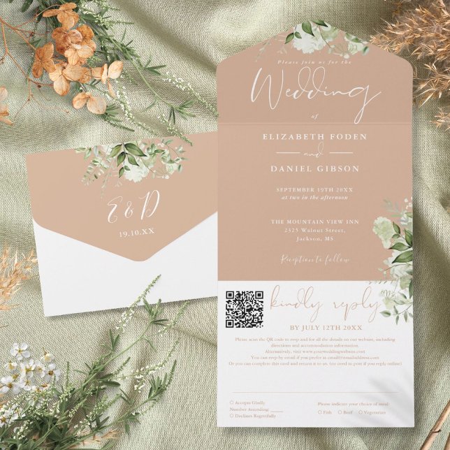 Tan Greenery Monogram QR Code Wedding All In One Einladung (Tan Greenery Monogram QR Code Wedding All In One Invitation)